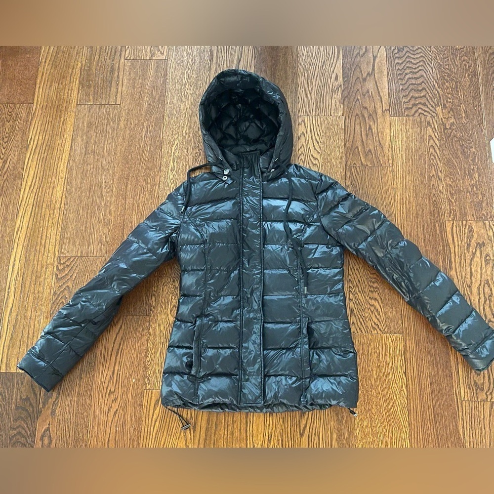 UNIQUELY LORNA JANE Black Down Puffer Jacket Hooded SIZE XS Full Zip Winter